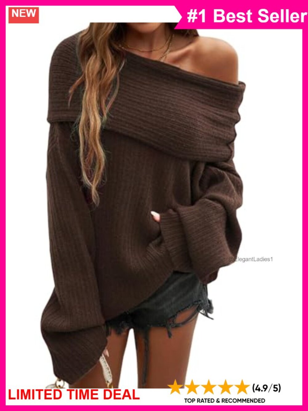 Women's Off Shoulder Oversized Knitted Long Sleeve Slouchy Pullover Sweater Top